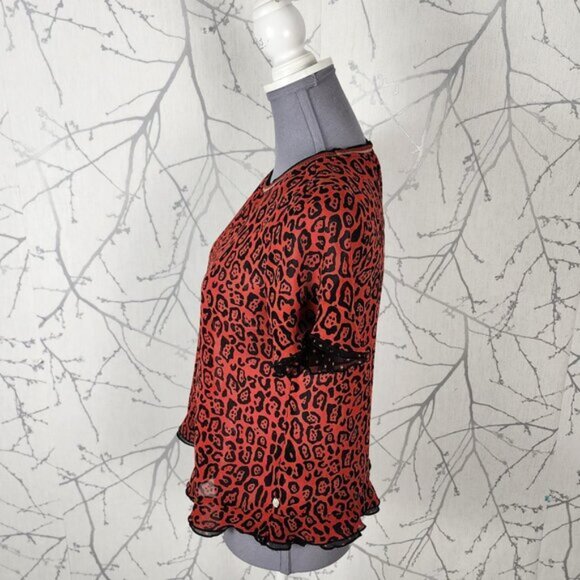 Scotch & Soda Red Leopard Print Sheer Flutter Crewneck Top - Picture 2 of 5